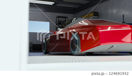 3D Red electric sportscar parked inside modern garage 3D Red electric sportscar parked inside modern garage 124691932