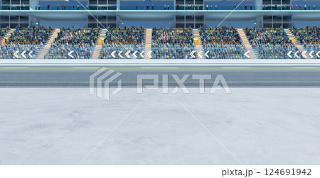 3D Empty racetrack with crowded grandstands waiting for race start 124691942