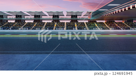 3D Large crowd watching a motorsport race on a modern racetrack at dusk 124691945