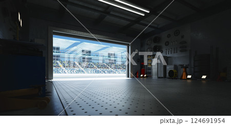 3D Large garage opening onto a stadium with spectators waiting for a race 3D Large garage opening onto a stadium with spectators waiting for a race 124691954