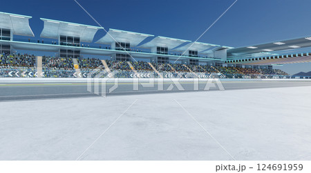 3D Spectators filling bleachers at modern racetrack on sunny day 124691959
