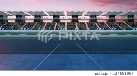 3D Empty race track awaiting race cars at dusk with crowds cheering 3D Empty race track awaiting race cars at dusk with crowds cheering 124691967