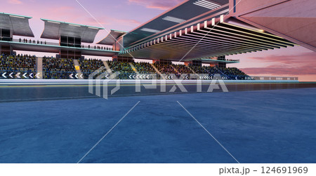 3D Spectators filling bleachers at modern racetrack during sunset 3D Spectators filling bleachers at modern racetrack during sunset 124691969