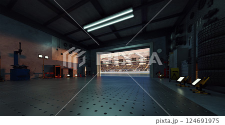 3D Garage opening onto a crowded stadium at sunset: motorsport pit stop 3D Garage opening onto a crowded stadium at sunset: motorsport pit stop 124691975