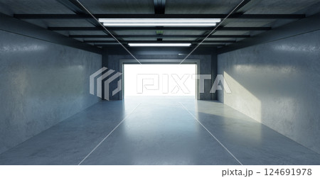3D Empty garage opening its gate showing a bright light at the end 3D Empty garage opening its gate showing a bright light at the end 124691978