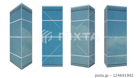 3D Four skyscrapers standing tall against white background 3D Four skyscrapers standing tall against white background 124691992