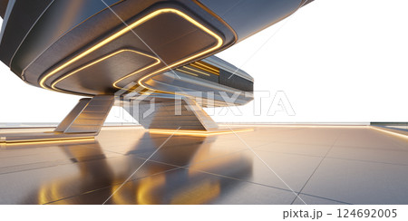 Futuristic building hovering over empty square with neon lights at sunset: 3d rendering 124692005