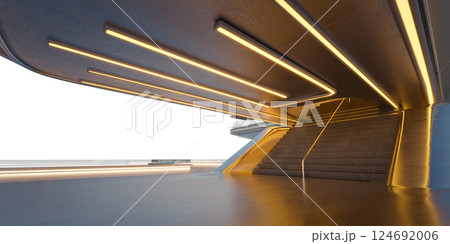 Futuristic building interior with illuminated staircase and empty space 124692006