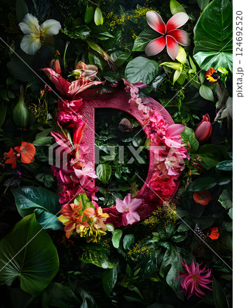 Floral tropical letter D with palm leaves and flowers. floral monogram for design 124692520