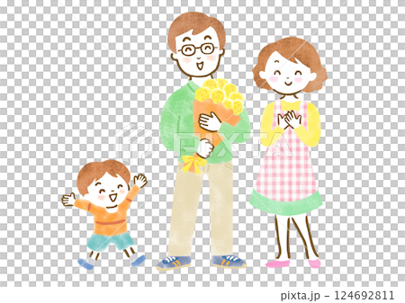 父の日に黄色いバラをもらって笑顔の父親と家族の全身イラスト 124692811