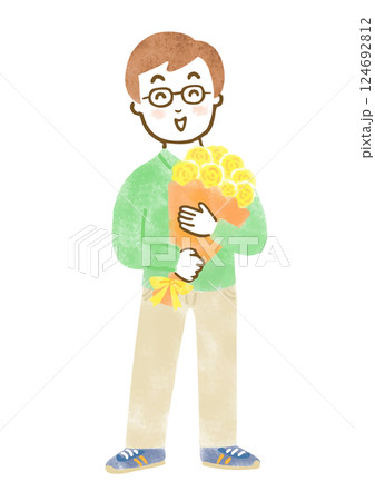 笑顔で黄色いバラの花束を持っている男性の全身イラスト 124692812
