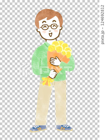 笑顔で黄色いバラの花束を持っている男性の全身イラスト 124692812