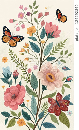 decorative floral display against a pastel background features a central vertical branch adorned with various flowers and leaves, interspersed with butterflies 124692840