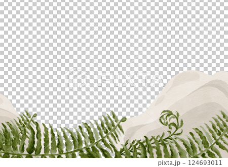 Frame with fern and fossils. Limestone and rocks. Prehistoric forest plants. Fern leaves in a frame. Watercolor illustration without background. Hand drawing. High quality illustration Frame with fern and fossils. Limestone and rocks. Prehistoric forest plants. Fern leaves in a frame. Watercolor illustration without background. Hand drawing. High quality illustration 124693011