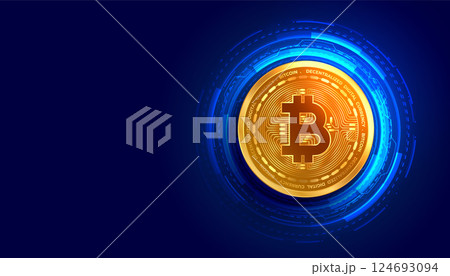 cryptocurrency bitcoin golden coin with digital circuit lines background 124693094