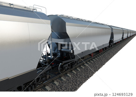 Industrial freight train on railway rails on white background 124693129