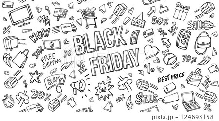Black Friday elements set background .Vector Illustration doodle Style 124693158