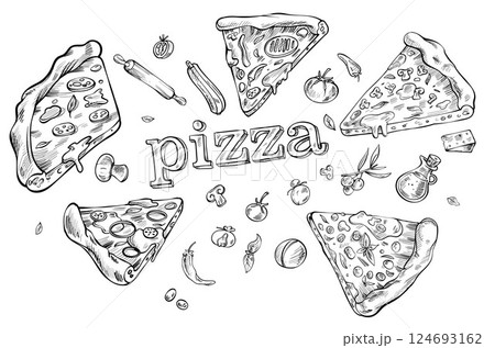 Italian pizza and ingredients. Italian food menu design. Hand drawn sketch vector illustration explosion effect 124693162