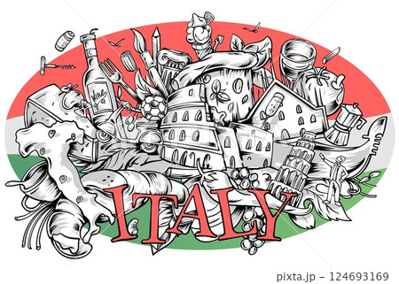 Hand drawn vector Italian symbols on background Hand drawn illustration. Hand drawn vector Italian symbols on background Hand drawn illustration. 124693169
