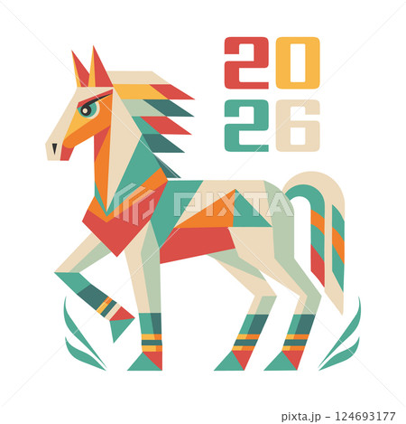 Happy New Year background with a geometric polygonal horse silhouette. Year of the Horse. Greeting card illustration. 124693177
