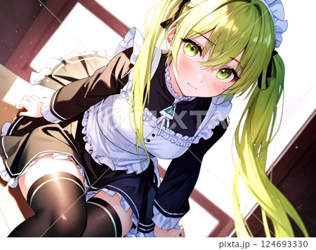 イラスト　緑髪のメイド服の美少女　屋内背景 124693330
