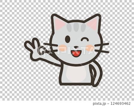 Illustration of a cute cat smiling and making a peace sign Illustration of a cute cat smiling and making a peace sign 124693462