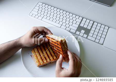 Male hands holding grilled sandwich near computer keyboard on desk 124693585