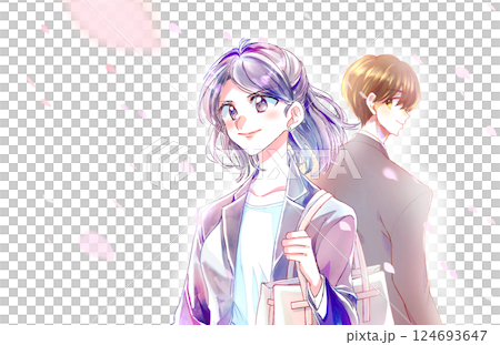 Smiling men and women in suits, working adults, cherry blossom storm Smiling men and women in suits, working adults, cherry blossom storm 124693647