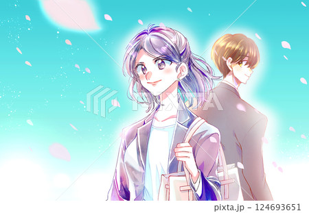 スーツを着た笑顔の男女　社会人　桜吹雪 124693651