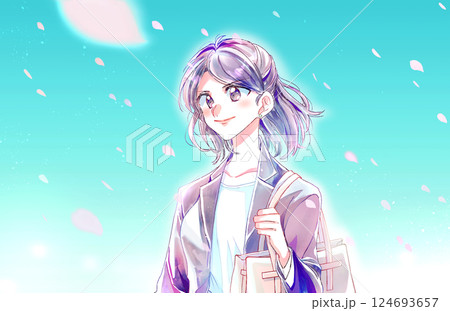スーツを着た前向きな女性　桜吹雪 124693657