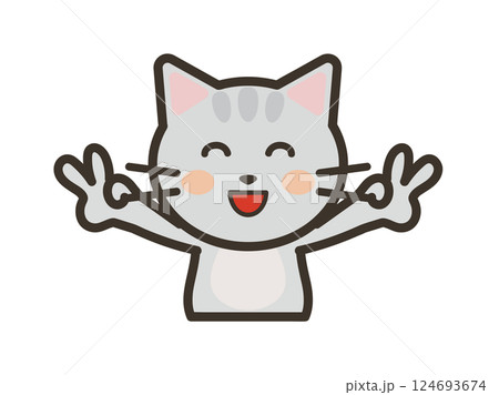 満面の笑顔でダブルピースをするかわいいねこちゃんの上半身イラスト 124693674