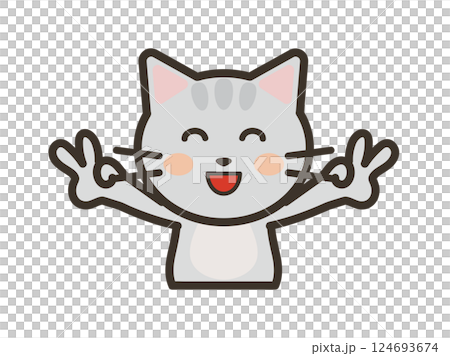 満面の笑顔でダブルピースをするかわいいねこちゃんの上半身イラスト 124693674