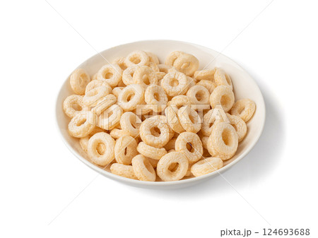 Cereal Rings Isolated, Breakfast Rice Loops, Corn Cereals Snack Cereal Rings Isolated, Breakfast Rice Loops, Corn Cereals Snack 124693688