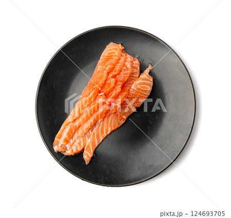 Fresh Salmon Fillet Slice Isolated, Raw Norwegian Red Fish, Trout Meat Piece on White 124693705