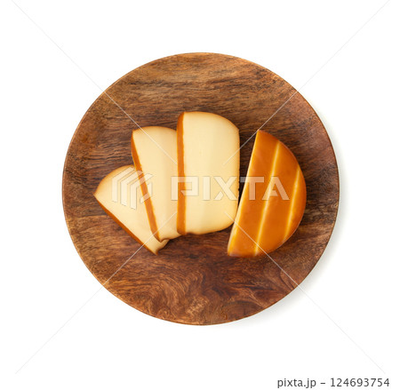 Smoked Round Cheese Isolated, Camel Milk Cheese, Mountain Snack, Sheep Milk Product on White 124693754