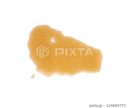 Spilled soda isolated, soft drink puddle, liquid stain, beer splatter, brown sparkling water with bubbles 124693773