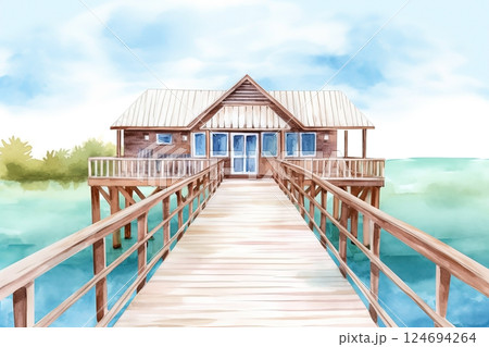 Watercolor bungalow at the seaside, vacation illustration 124694264