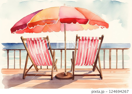 Watercolor sun loungers with umbrella on the beach illustration Watercolor sun loungers with umbrella on the beach illustration 124694267