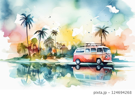 Watercolor hippie bus on the beach with palms, travel illustration 124694268