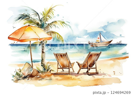 Watercolor sun loungers with umbrella on the beach illustration 124694269