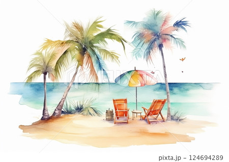 Watercolor sun loungers with umbrella on the beach illustration 124694289