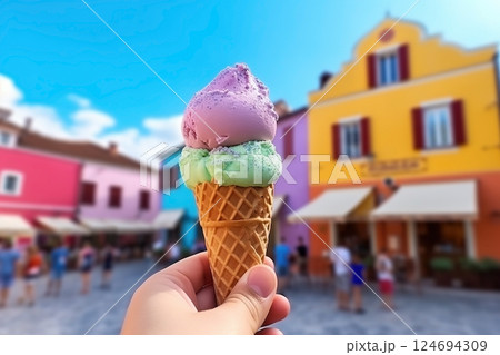 Hand holding ice cream on the background of a European city 124694309