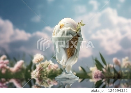 Ice cream decorated with flowers on the summer background Ice cream decorated with flowers on the summer background 124694322