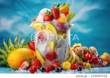 Ice cream decorated with fruits on the summer background 124694338
