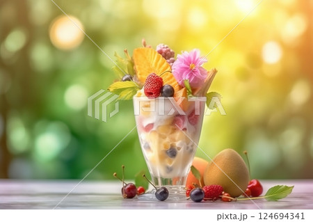 Ice cream decorated with fruits and flowers on the summer background 124694341