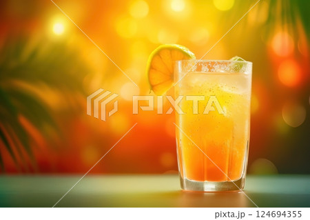 Fresh juice cocktail on the table against summer background 124694355
