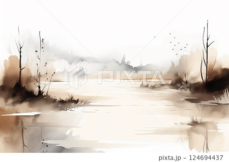 Watercolor neutral minimalist landscape illustration 124694437