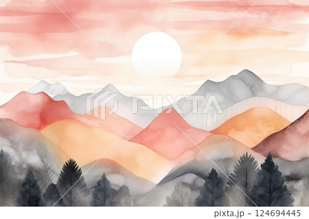 Watercolor neutral minimalist mountains landscape illustration 124694445