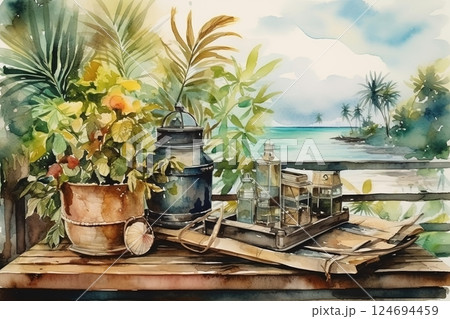 Watercolor plants in pots and carafe with water, beach background. Vacation illustration Watercolor plants in pots and carafe with water, beach background. Vacation illustration 124694459
