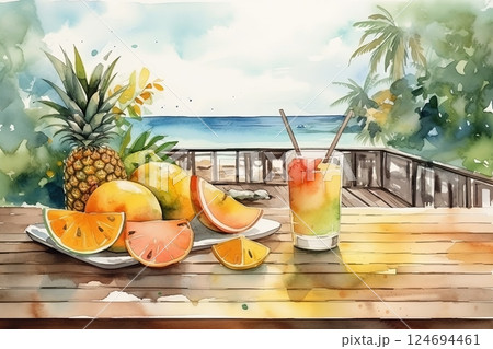 Watercolor tropical fruits and juice, beach background. Vacation illustration 124694461